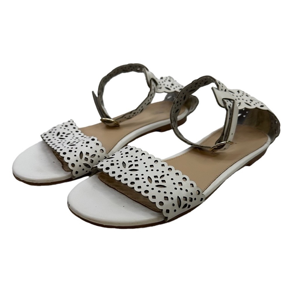 J Crew Leather Eyelet Ankle Strap Sandal Flats White 7.5